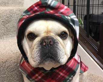 French Bulldog Red and Black Diagonal Tartan Plaid Fleece Hoodie