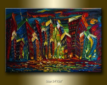 Cityscape Painting Original Modern City Series Oil on Canvas Palette Knife Textured Abstract Art 24X36 by Willson Lau