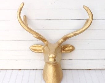 ON SALE Deer Head / Gold Wall Decor / Faux Taxidermy / Deer Decor / Paper Mache / Faux Deer Head Wall Mount