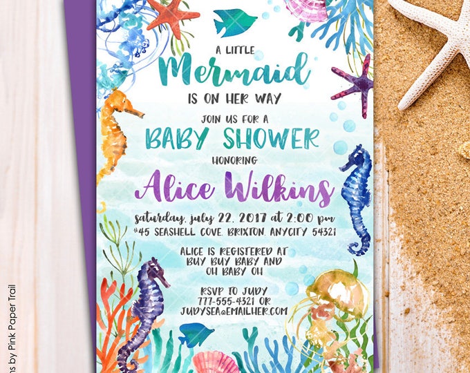 Under the Sea Mermaid Ocean Seahorse Starfish Corals Baby Shower Party Invitation Pool Party Printable Baby Shower Invitation