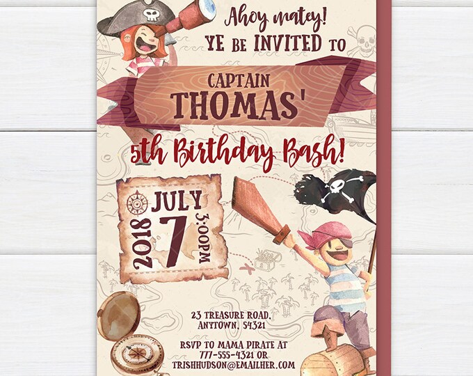 Pirate birthday Party Invitation, Ahoy Matey Pirate Birthday Bash, Pirate Treasure Hunt Party, Nautical Pirate Captain, Printable Invitation
