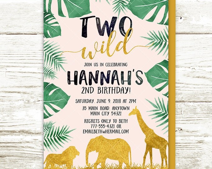 Jungle Safari Birthday Invitation, Lion Elephant Giraffe Animals Two Wild Birthday Party, Pink Gold Green Modern Printable Invitation