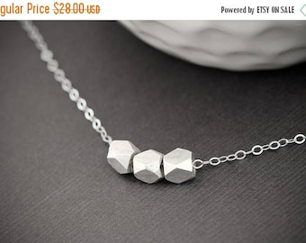 SALE - Petite Nugget Sterling Silver necklace, Tiny Faceted Solid sterling Silver Slider necklace, Dainty Everyday Simple Necklace