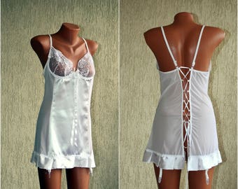 Boning Vintage Nightdress size M L 40 42 White Backless Robe Bustier Wedding Night Gown Garter Belt Retro Bridal Lingerie Suspenders