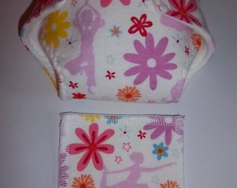 Baby Doll Diaper/wipe - pretty dancers, flowers - adjustable for many dolls such as bitty baby