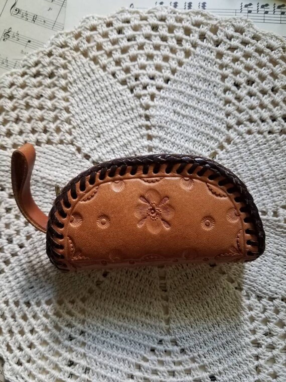 Tooled leather change purse zippered coin purse