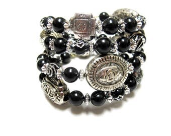 Black Night Bracelet Day of the Dead Wrap Around Cuff Black Silver No Skulls