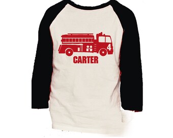 Firetruck Birthday Shirt - 3/4 or long sleeve relaxed fit raglan baseball shirt - Any age and name - pick your colors!