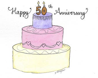 50th Anniversary Card PERSONALIZED for FREE With Names and Date on the Front, Golden Wedding Card Hand-Painted Hand-Lettered Whimsical Cake
