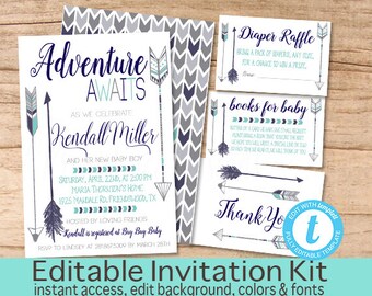 Adventure shower invitation, Adventure Awaits Baby Shower Invitation Kit, Navy Aqua Tribal Feather Invitation, EDITABLE Instant Download