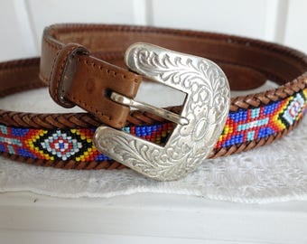 Vintage Western Mexican Navajo Saddle Tan Beaded Southwestern Mexican Color Block Leather Belt with Removable Silver Buckle 36, 37 38 39