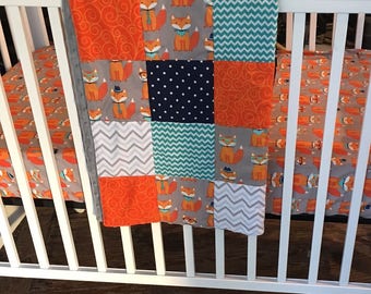 Woodland Crib Bedding Set, Boy Nursery Bedding, Fox Crib Bedding, Bumperless Crib Bedding, Navy Blue, Orange, Gray Nursery, Turquoise