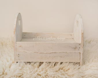 White distressed painted Recycled wood Toddler bed, Sitter or newborn bed Photography prop, Primitive natural wood look, photo prop bed
