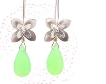 Green Chalcedony Faceted Teardrop Silver Cherry Blossom Earrings