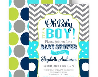 Oh Baby Boy Shower Invitation Navy Lime and Grey Chevron - Fun - Boys Baby Shower - Classic - Retro Sprinkle - Printable - Printed (POPNAV)