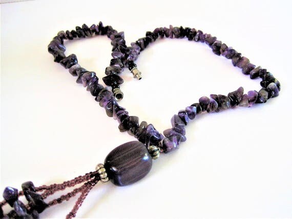 Amethyst Chips Necklace - 4 strand Amethyst Tassel - Silver Screw In Clasp