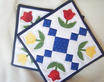 Red and Yellow Tulip Quilted Potholders - Set of 2 - HANDMADE BY ME
