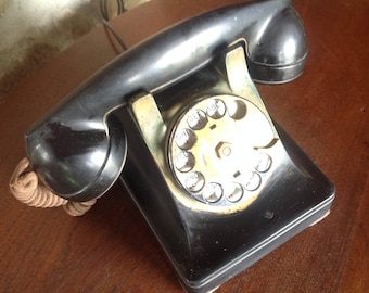 Antique telephone,Art Deco, Cloth cord, Metal Rotary Dial Black, Desk Phone
