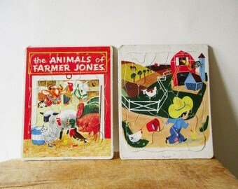 2 vintage cardboard puzzles PLAYSKOOL 1960, Farm, Animal, Toy Children, Antique, Puzzle en CARTON La ferme