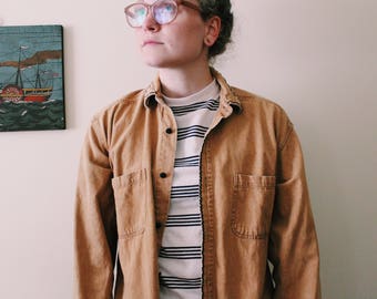Tan Denim Button Up Shirt with Machine Embroidered Pattern, Size Large Button Up Shirt with Brown Fabric Buttons