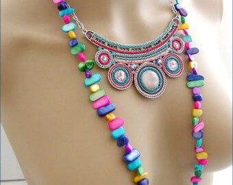 Collier-plastron et sautoir multicolores - Céramique, Perles, Nacre