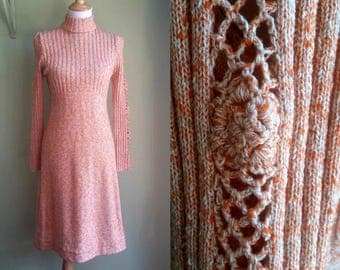 1970s Wenjilli Sweater Dress - Cut Out Sleeves - Pink Heathered - Small / Medium