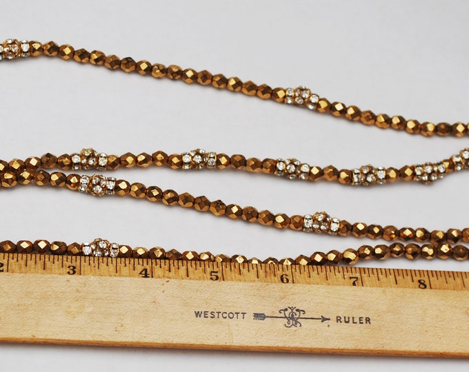 Gold glass and Rhinestone bead necklace - glamour golden silver bling - 46 inch long Flapper necklace