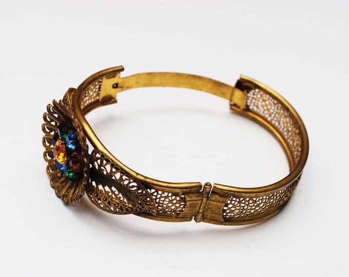 Art Deco Nouveau Gold Filigree Flower Bracelet - colorful Rhinestone - gold plated open work - Sliding Hinged Bangle