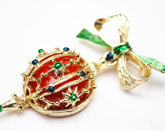 Christmas Ornament Brooch - Holiday pin - Red ball - Gold bow dangle pin