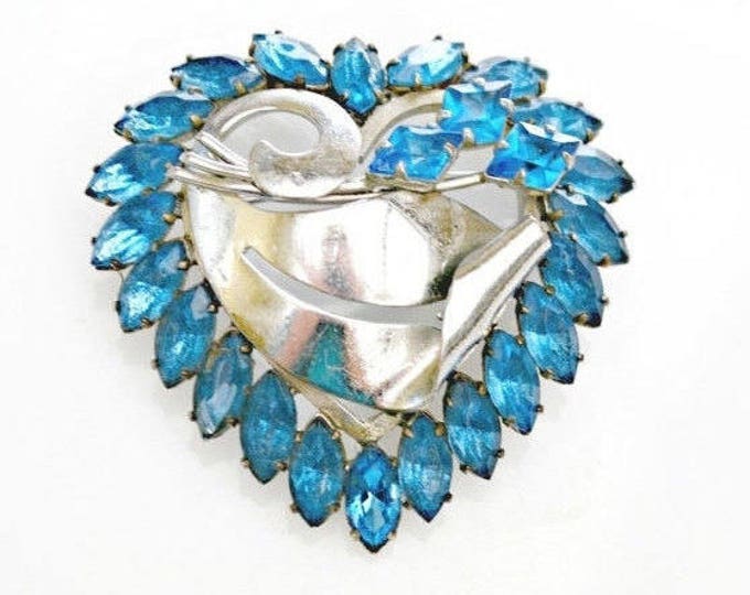 Blue Heart Brooch - Blue Rhinestone Crystal - silver - mid century pin