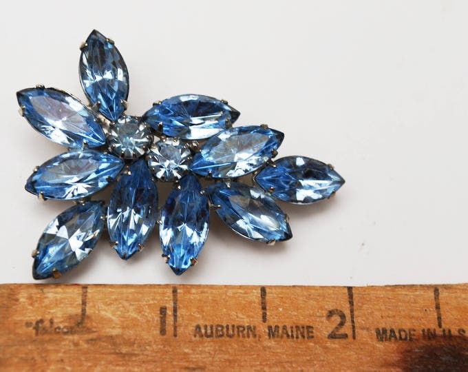 Light Blue Rhinestone Brooch - Flower Leaf floral pin - silver tone - mid century