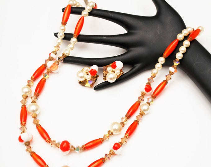 orange white bead necklace earring set - Lucite plastic - crystal glass - pearls - Mid century