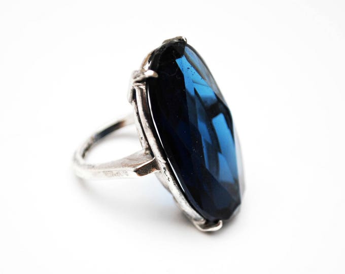 Blue Glass Sterling ring - Sapphire Cobalt art glass - Size 5 - Silver statement ring