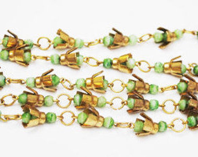 Bead Necklace - Brass Green glass - Art Deco - Boho -Peking Glass beads