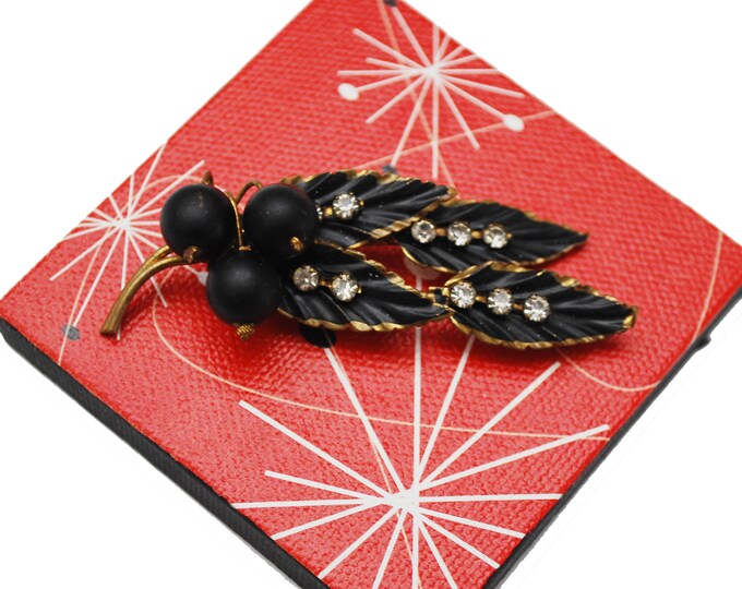 Leaf Brooch - Signed Austria - Rhinestone - Gold metal Black Enamel - crystal - Leaf Pin