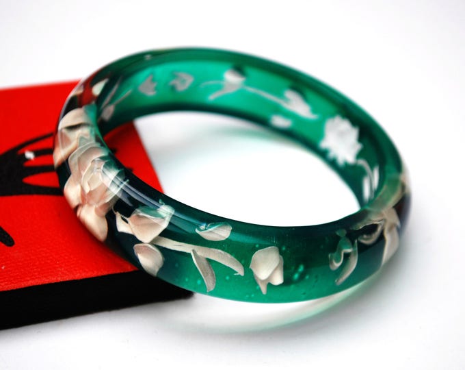 Green White Flower Bangle - Reversed Carved - molded white Intaglio floral - Green Lucite bracelet