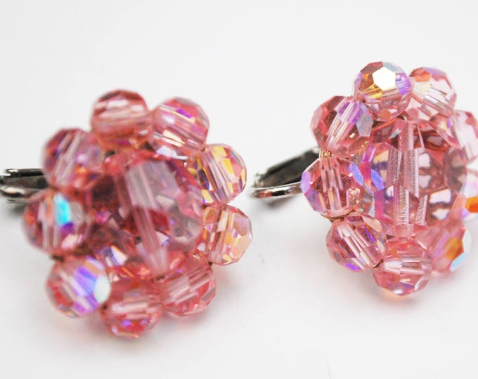 Coro Pink Crystal earrings - Bead Cluster - glass beads - Clip on earrings