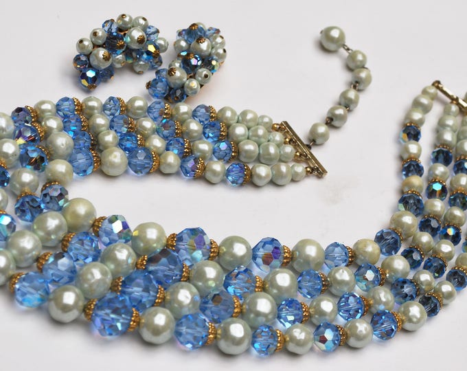 Blue Crystal white pearl Bead Necklace and earring set - Signed Laguna - Aurora borealis - multi strand - Mid century