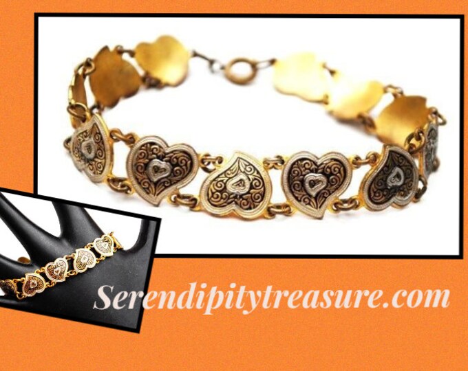 Damascene Heart Link Bracelet - Golden brass Black fwhite enamel - bangle