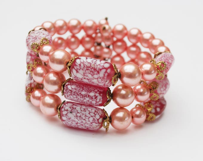 Pink Bead Cuff Bracelet - melatic pink - artglass beads - wire - bangle