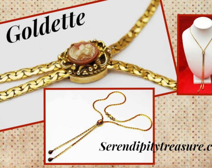 Goldette Ajustable Slider Cameo necklace - gold chain - Victorian Revival Tassel bolo tie necklace