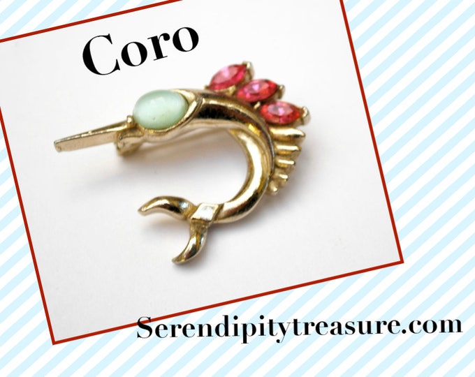 Coro Sword Fish Brooch - Gold - Pink light Blue Rhinestone - Signed figurine fish pin