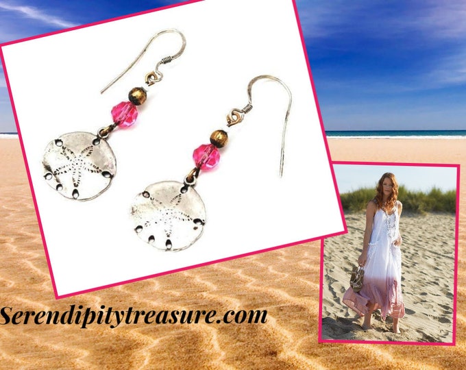 Sterling Sand dollar dangle earrings - pink crystal glass - brass bead - drop earring