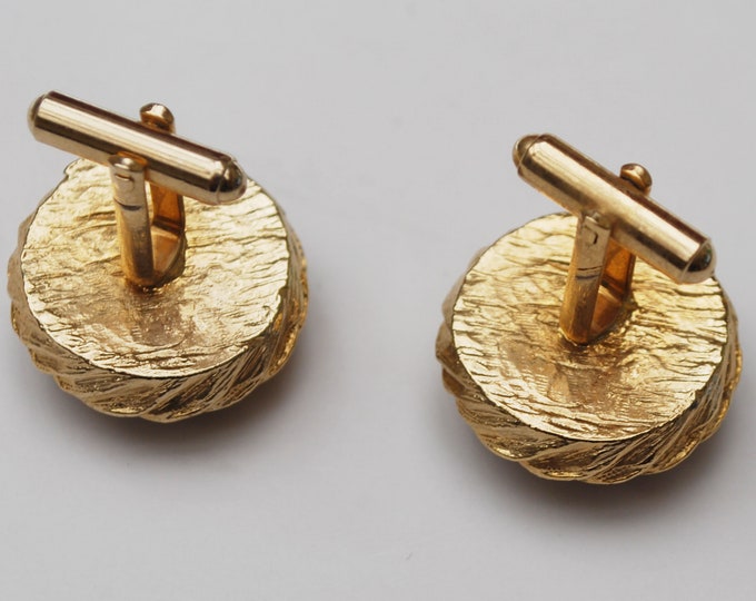 blue pained cuff link - gold metal - Mid century - round domed white gold leaf - vintage cuff links