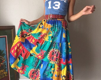 Western Psych Rock Vibrant SOUTHWESTERN 90s Cotton Tierd Skirt , Desert Daze NAVAJO Native American Print Highwaist MAXI Medium