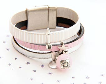 arrow leather Cork powder pink nude Lampwork Glass Bead Bracelet