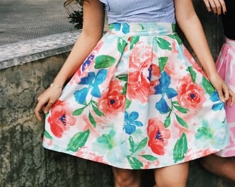 Women's Watercolor Floral Skirt with Pockets