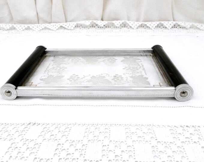 Antique Art Deco Glass Tray with Wooden Handles Gilt Banding and Decorated Vine Leaves and Grape Pattern, Retro Vanity Boudoir Accessory Antique Art Deco Glass Tray with Wooden Handles Gilt Banding and Decorated Vine Leaves and Grape Pattern, Retro Vanity Boudoir Accessory