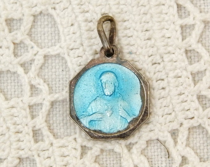 Small Antique Silver and Blue Enamel Religious Medal Saint Anne on the Reverse is Jesus Christ, Christian Religion, Catholic Jewelry Small Antique Silver and Blue Enamel Religious Medal Saint Anne on the Reverse is Jesus Christ, Christian Religion, Catholic Jewelry
