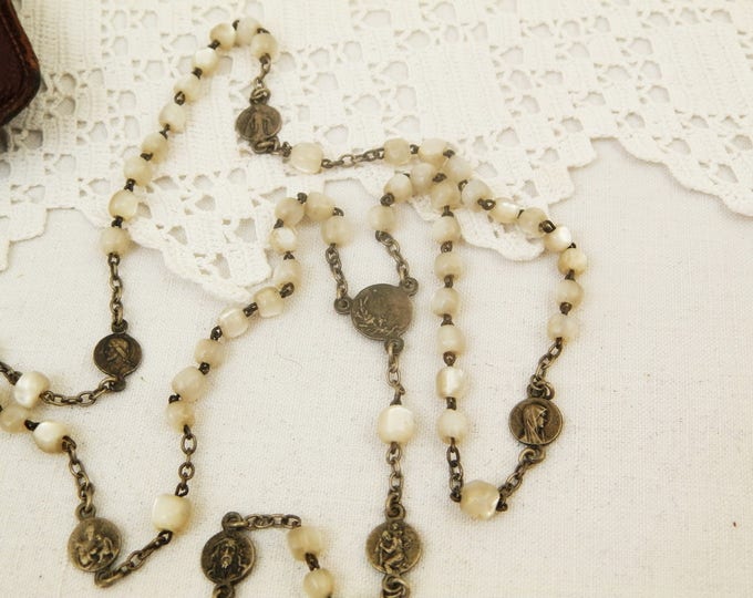 Antique French Mother of Pearl / Nacre Rosary Beads with Silver Plated Crucifix and Leather Pouch, Catholic Payer Beads, St Christopher